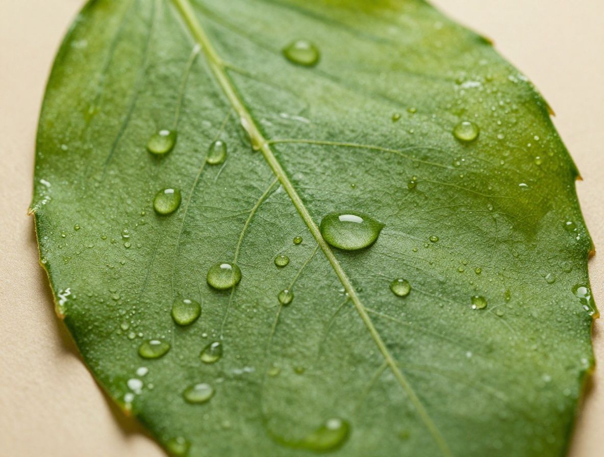 Detailaufnahme einer frischen grünen Pflanzentextur mit Wassertropfen, die natürliche Inhaltsstoffe und Feuchtigkeit in der Hautpflege symbolisiert